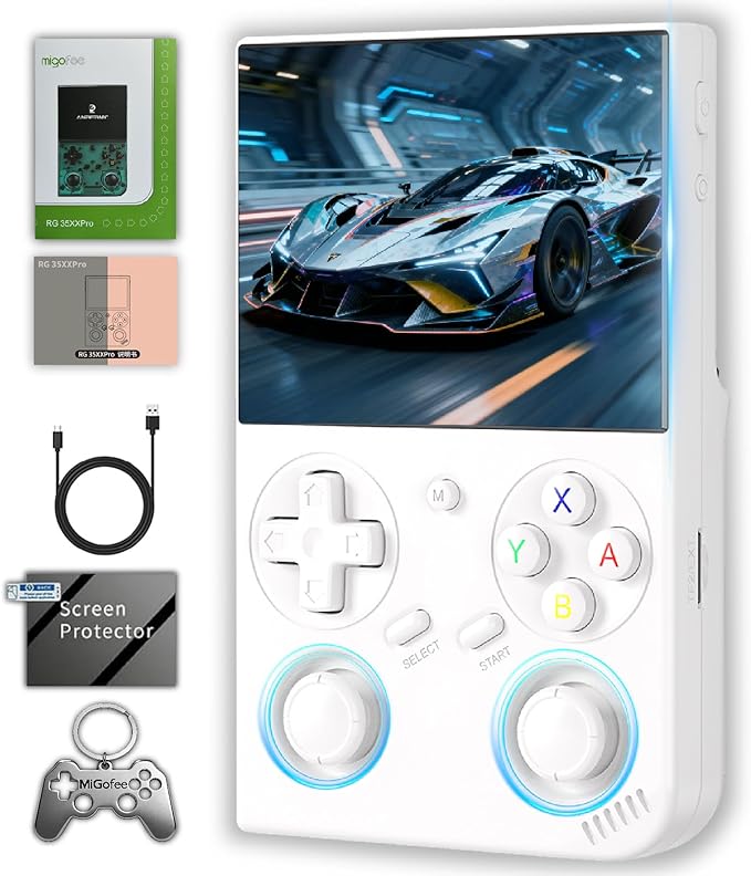 RG35XX Pro - Retro Handheld Game Console, 3.5-Inch IPS Screen, Linux OS, 64GB Card, 3200mAh Battery, WiFi & Bluetooth, HDMI Output, Includes Screen Protector & Keychain (White)