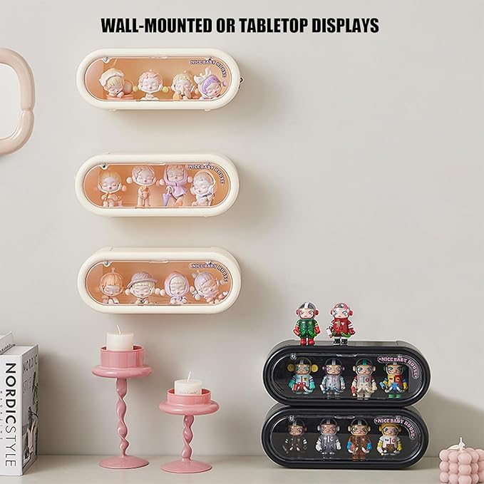 2 Pack Clear Display Case for Figures, Wall Mounted or Desktop Display Box Stand with Magnetic Door, Dustproof Storage Box Organizer for Action Figures Pop Mart