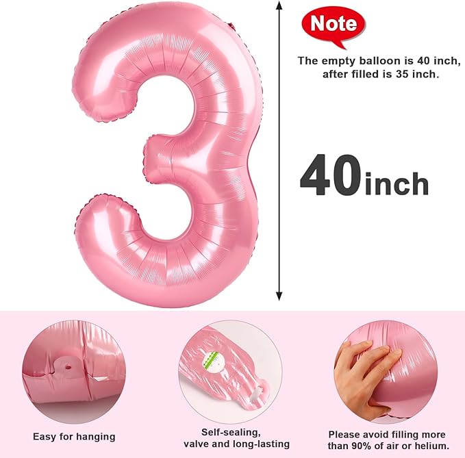 Numbers Balloon 3, 40 Inch Large Pastel Pink Balloon for Three Year Old Birthday Decor, 3 13 30 31 Birthday Party Decorations for Wedding Supplies
