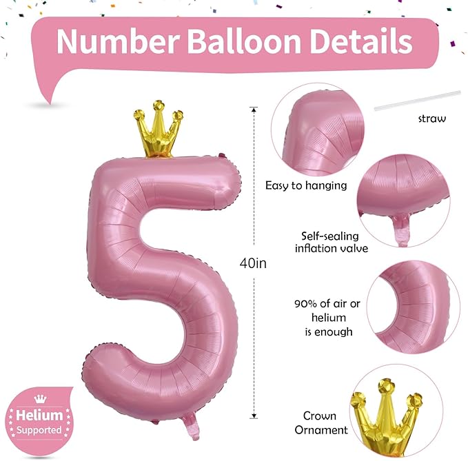 40 Inch Pastel Pink 5 Number Balloons, Giant Foil 5th Birthday Number Balloon, Crown Self Inflating Light Pink Balloons 0-9 Set for Girls Women Birthday Party Decor Anniversary Decorations Supplies