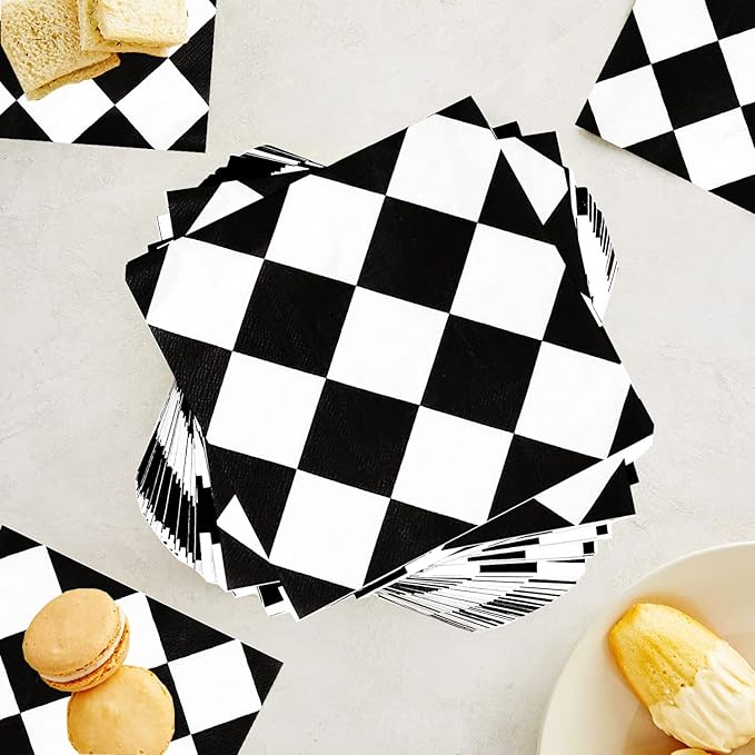 40pcs Black & White Checkered Race Car Birthday Party Supplies - Disposable Checkered Flag Napkins for Nascar Racing Themed Party Decorations & Favors