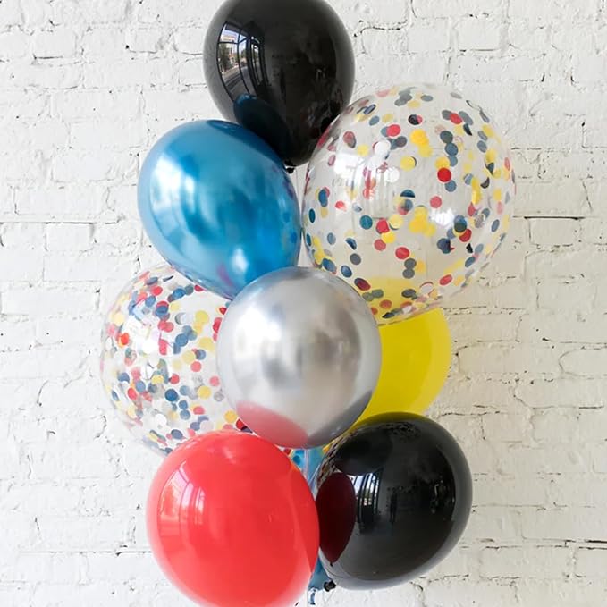 Red Yellow Blue Balloon, Multicolor Balloons with Black Red Blue Yellow Green Silver Balloons and Colorful Confetti Balloon for Birthday, Themed Party Supplies