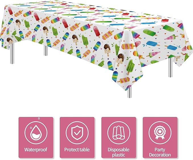 Popsicle Party Tablecloth Decorations - Disposable Ice Cream Popsicle Birthday Party Supplies Tablecover, Summer Popsicle Baby Shower Table Decorations Table Cloths- 3 Pack (54in x 108in)