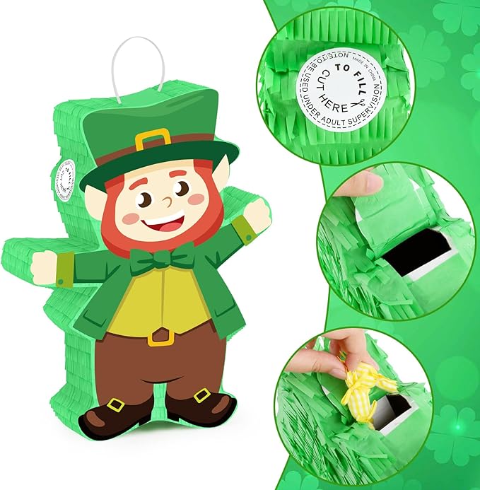 Hooqict St Patricks Day Pinata St. Patrick's Kids Party Games Green Leprechaun Pinata with Blindfold and Bat Stick for Boys Girls Happy St.Patrick's Day Decorations Birthday Party Supplies