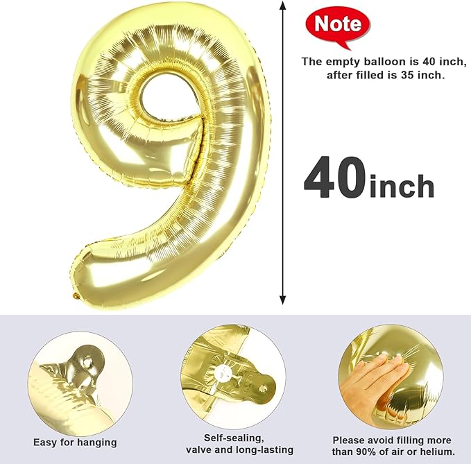 40 Inch Light Gold Numbers 9 Balloon, Balloons Decorations for 9 19 90 Birthday Party, Engagement, Wedding, Graduations, Photo Shoot Supplies