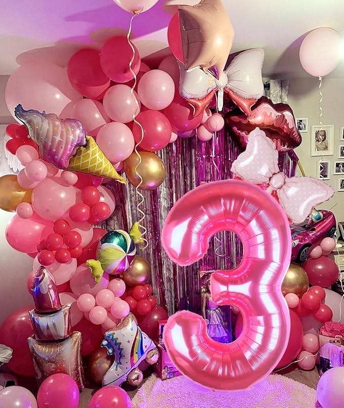 40 Inch Pink Number 3 Balloon with Mini Bow Balloon for Girls 3rd Birthday Decorations, Pink Girl Mouse Princess Western Cowgirl Theme Birthday Party Balloons Decorations Supplies