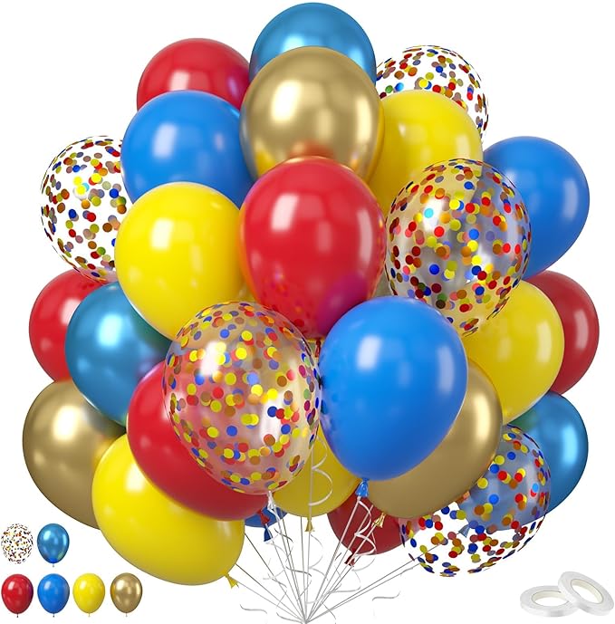 Red Blue Yellow Balloons, 50PCS 12Inches Metallic Blue Gold Latex Balloons with Confetti Party Balloon for Kids Birthday Baby Shower Graduate Party Decorations