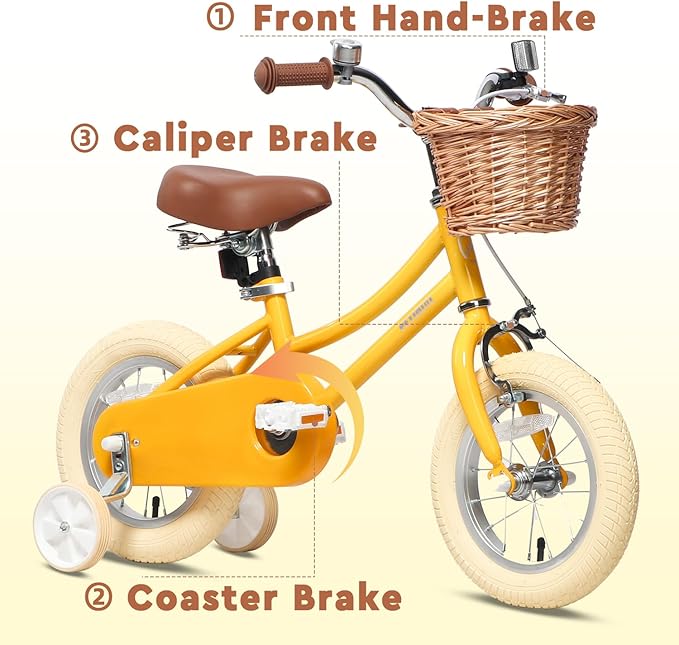 Petimini Vintage Kids Bike for Girls, 12–20 Inch Classic Bicycle with Wicker Basket & Bell, High Tensile Steel Frame, Training Wheels (12–18”), 85% Pre-Assembled, Retro Bike for Outdoor Riding