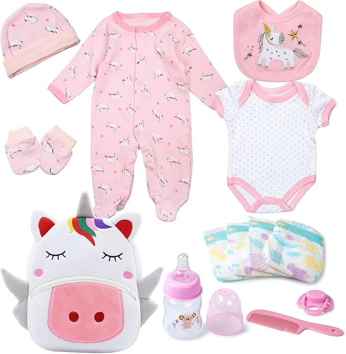 13 Pcs Reborn Baby Doll Clothes Pink Outfit Accessories for 17-22 Inches Babydolls Reborn Girl Doll Clothes Newborn Baby Accessories Set with Unicorn Backpack