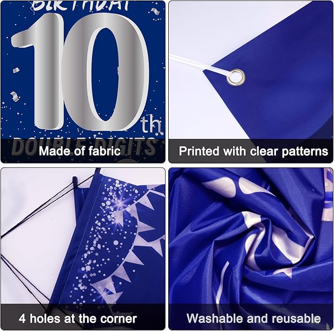 10th Birthday Decorations for Boys Girls, Navy Blue Happy 10th Birthday Door Banner Sign, 10 Years Old Party Supplies Teenagers Bday Backdrop Balloons Hanging Decors
