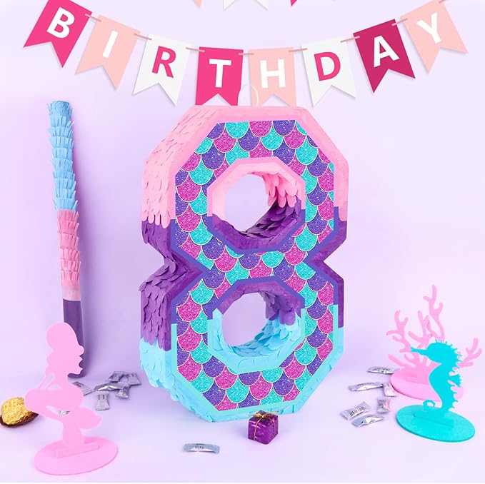 Mermaid Number 8 Pinata with Purple Pinata Stick Blindfold 8th Birthday Party Decorations for Kids Girl Happy Birthday Mermaid Ocean Theme Party Supplies (Small, 15.4 x 11 x 3 In)