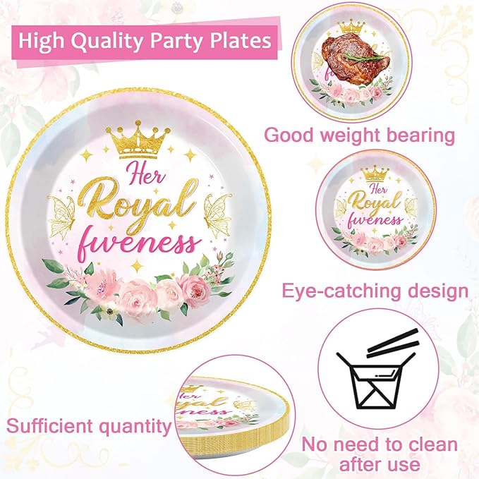 CHUNNIN 96Pcs Princess 5th Birthday Plates and Napkins Her Royal Fiveness Decorations Princess Party Dessert Plates Rainbow Castle Tableware for 24 Guests 5th Theme Girl Baby Shower Party Supplies