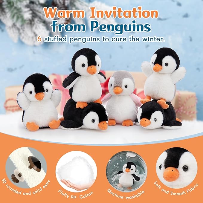 MaoGoLan 6 Pieces Penguin Plush 10 inch Stuffed Penguins in Bulk, Arctic Stuffed Animals Theme Party Favors for Girls Kids Easter Decorations Gift Basket Stuffers