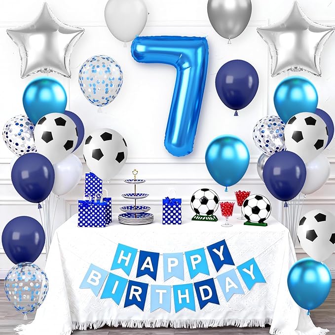 7th Soccer Birthday Party Decorations for Boys, Soccer Theme Party Decorations with Blue White Silver Balloons 'HAPPY BIRTHDAY' Banner 32in Foil 7 Balloon for Boy Kids Men Birthday Baby Shower Decor