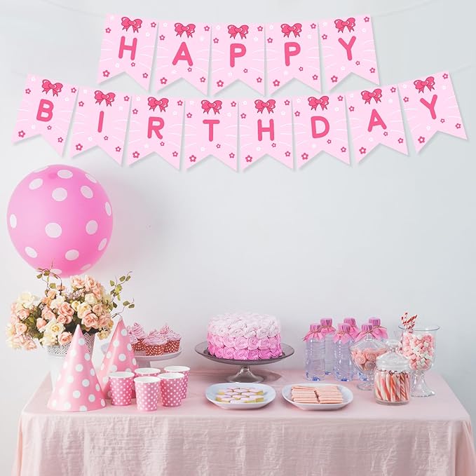 TaoBary Pink Cute Kitty Happy Birthday Banner Pre-strung Hanging Sign Cartoon Cat Birthday Decorations Kitty Themed Pink Party Supplies Cartoon Kitten Banners for Girls Women Birth Favors