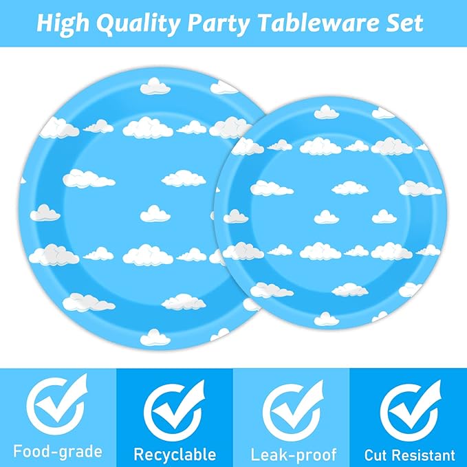 Blue Sky 96 Pc White Clouds Party Plates & Napkins - Cartoon Story Tableware Set - Clouds Theme Decorations & Favors for Girls & Boys Birthday & Baby Shower - Serves 24