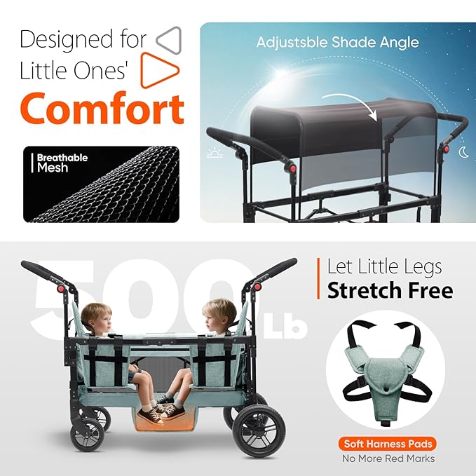 Sekey Wagon Stroller for 2 Kids, Luxury 4-in-1 Stroller Wagon - Premium Quality with Convertible Seats, Adjustable Push Handles, Removable Canopy, Snack Tray & Cooler, US Certified. Green