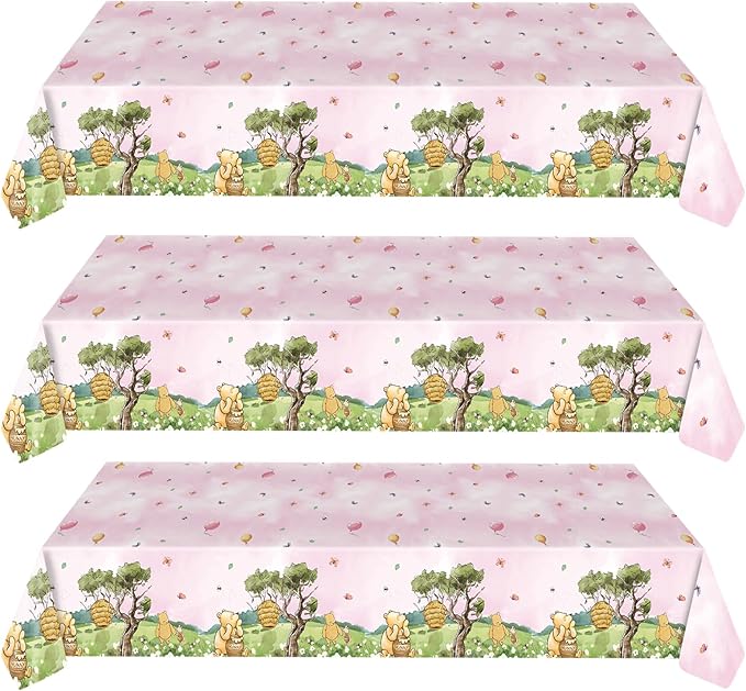 3pcs Party Tablecloth Bear Baby Shower Tablecloths Classic Bear Disposable Thickened Plastic Table Cover for Kids 1st 2rd Baby Party Supplies 54x108Inches (Pink)