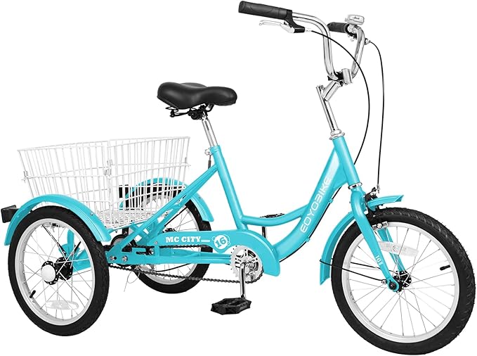 MOPHOTO 16 Inch Small Tricycle for Beginner Riders, Low Step-Through 3 Wheel Bike, Single Speed Trike with Hand Brakes, Adjustable Seat and Rear Basket, Fits Heights 3'9" to 4'9"