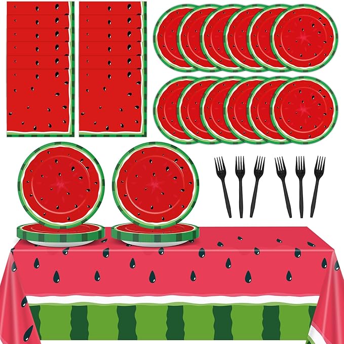 gisgfim 20 Guests Watermelon Party Supplies Watermelon Party Plates Tableware Set Children's Melon Decorations Favors Disposable 7-Inch Plates Napkin Tablecloths for Summer Melon Birthday Baby Shower