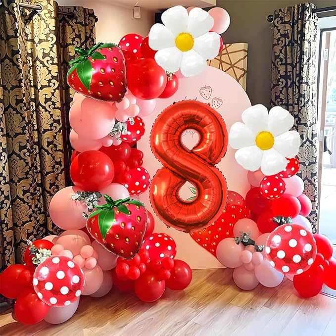 Strawberry Balloons Eighth Birthday Decorations for Girl, 40 Inch Mylar Red Number 8 Balloons, Strawberry Balloon for Strawberry Party Decorations, Strawberry Birthday Decorations