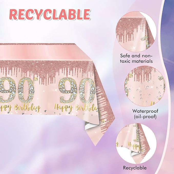 41PCS Women 90th Birthday Party Decorations Supplies Rose Gold Ninety Year Old Birthday Disposable Tableware Include Plates Napkins Tablecloth For Women Serves 20