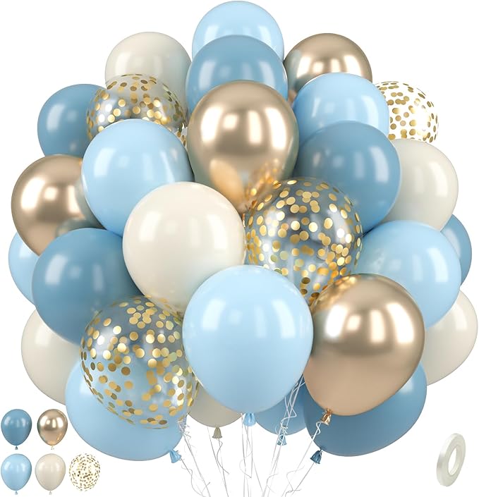 Paready Dusty Blue Balloons, 50 Pcs Gold White Balloons, 12 Inch Sand White Retro Ice Mist Macaron Metallic Champagne Gold Balloons for Bridal Shower Baby Party Decorations