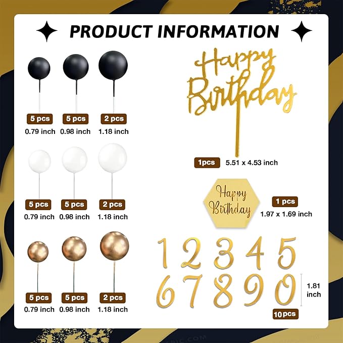 48Pcs Balls Cake Toppers Man Cake Decorations with Black Gold White Balls Acrylic Numbers 0-9 and Happy Birthday Cake Insert Toppers for Men Boy Black Theme Birthday Wedding Anniversary Party Supplies