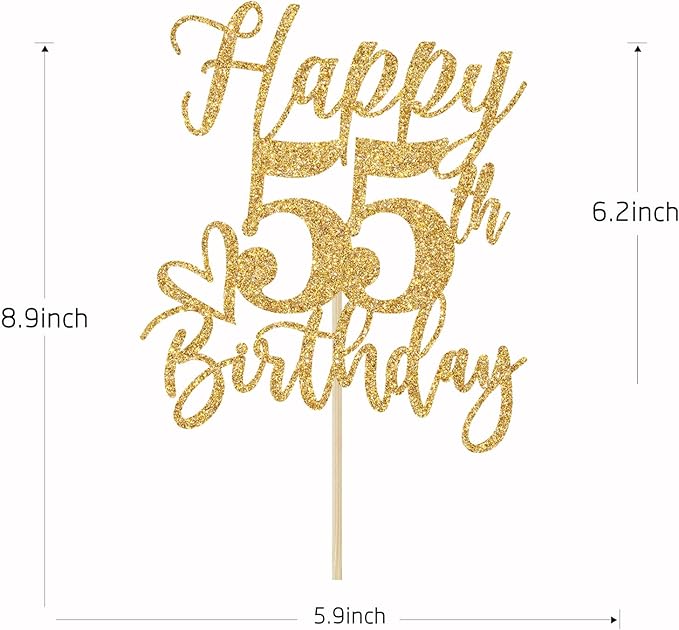 Happy 55th Birthday Cake Topper, 55th Birthday Cake Decorations, Cheers to 55 Years, Hello 55, 55th Birthday/Anniversary Party Decorations Gold Glitter