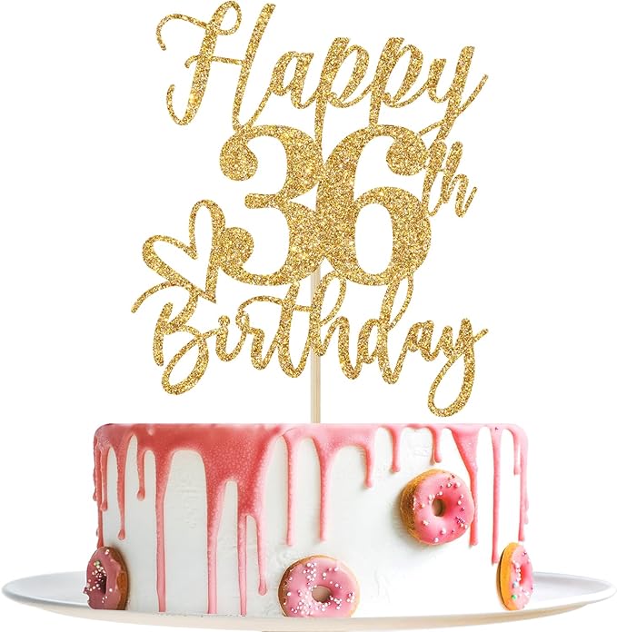 Happy 36th Birthday Cake Topper, 36th Birthday Decorations, Cheers to 36 Years, 36 Happy Birthday Party Supplies Gold Glitter