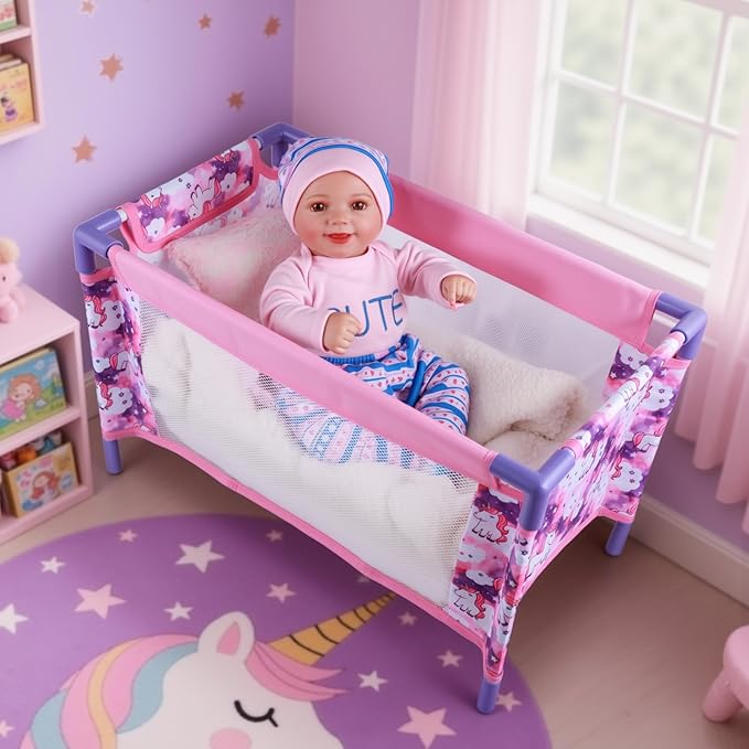 BABESIDE Baby Doll Crib Set for 18 Inch Dolls, Foldable Baby Doll Bed Playpen Toy Crib with Storage Bag for Reborn Baby Doll Accessories, Purple Babydoll Crib