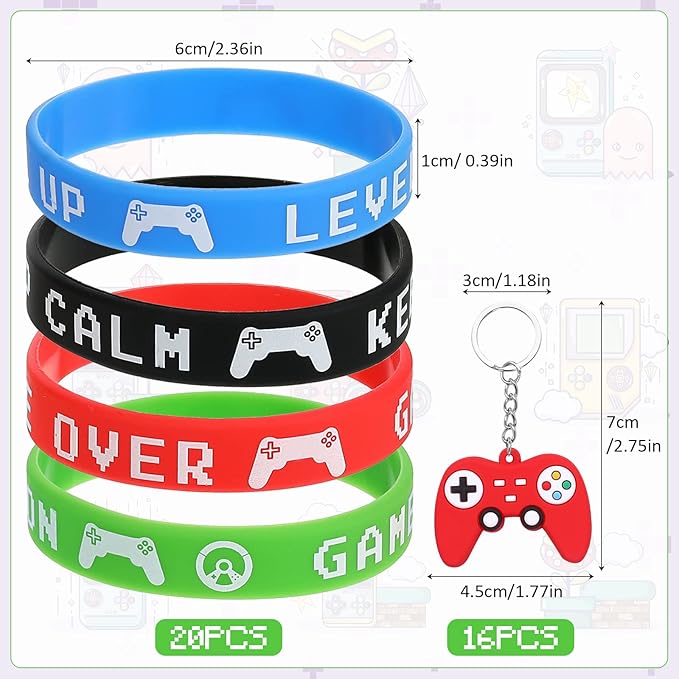 Aoriher 60 Pieces Video Game Party Favors Gifts Set Includes 20 Video Game Bracelets Wristbands 24 Stampers and 16 Handle Keychains for Party Supplies(Classic Style)