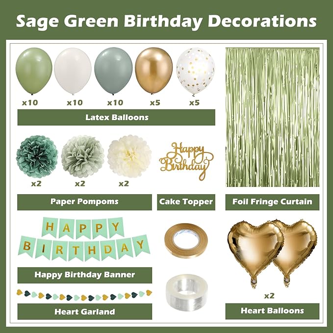 Green Birthday Decorations for Women, Happy Birthday Party Decorations, Happy Birthday Banner, Green Balloons, Foil Fringe Curtains, Tissue Paper Pompoms, Heart Garland, Party Decor for Girls