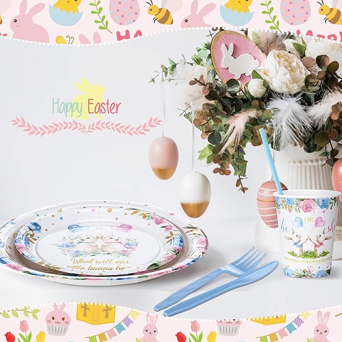 Yungyan 231 Pcs Easter Bunny Gender Reveal Party Supplies, Serve 25, Easter Baby Shower Tableware Paper Plates Tablecloth Cups Napkins Straws and Napkins for Birthday Tableware Table Party Favors