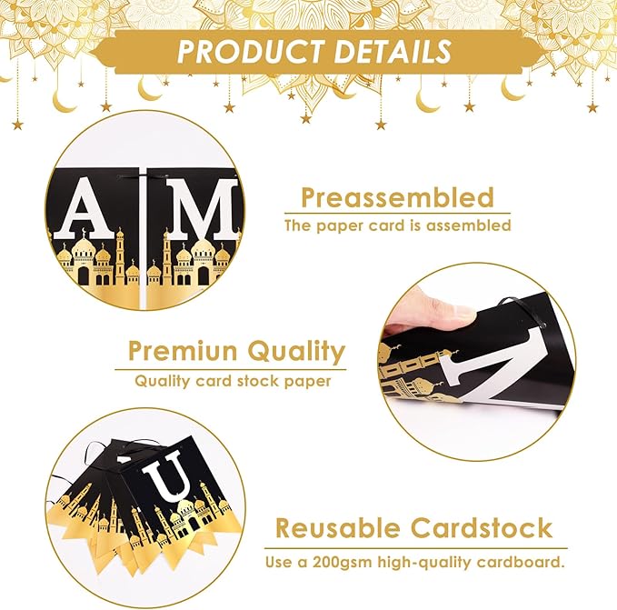 AhfuLife Umrah Mubarak Banner Set, 3 Pcs Pre-Tied EID Decor with Moon Star Garland, Pre Assembly Islamic Party Supplies for Home Outdoor Umrah Mubarak Ramadan Party Decor