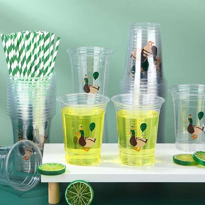 50 Pcs Mallard Duck Birthday Decorations One Lucky Duck Plastic Cups Bulk Birthday Party Favor Plastic Hunting Tumblers Baby Shower Party Supplies for Guest Gender Reveal Supplies