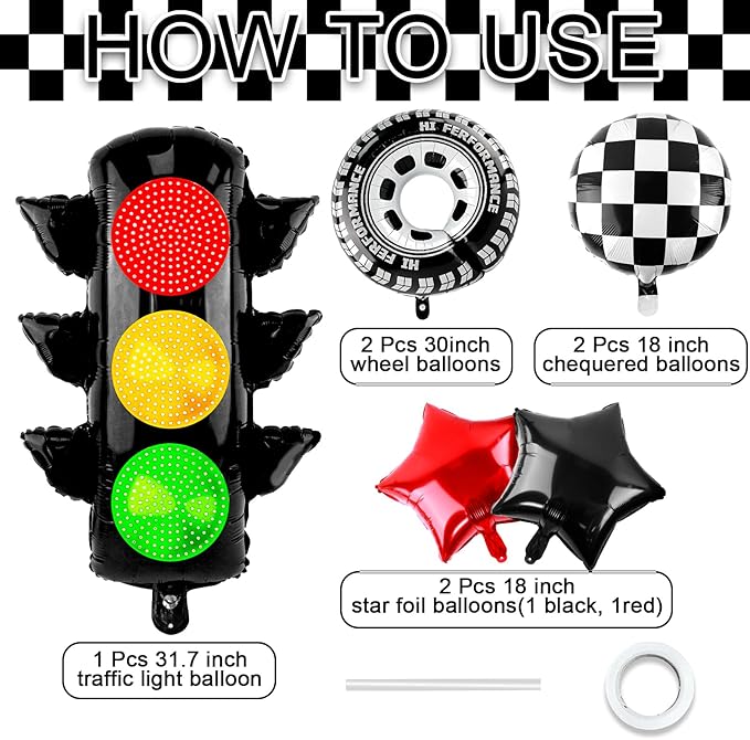 Race Car Party Balloon Set 7pcs Traffic Light, Checkered Balloons, Tire Wheel Balloons Tyre Racing Balloon Race Car Birthday Party Decorations