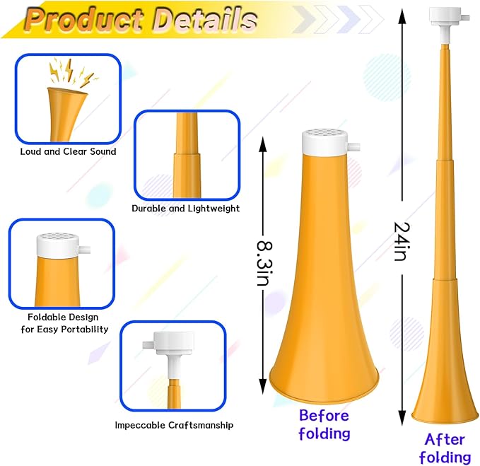 Collapsible Stadium Horn 24 Inch Vuvuzela Plastic Trumpet Blow Horns Noisemakers Loud Sound Soccer Cheer Horn for Sporting Events Graduation Games School Party Supplies Favors Accessories