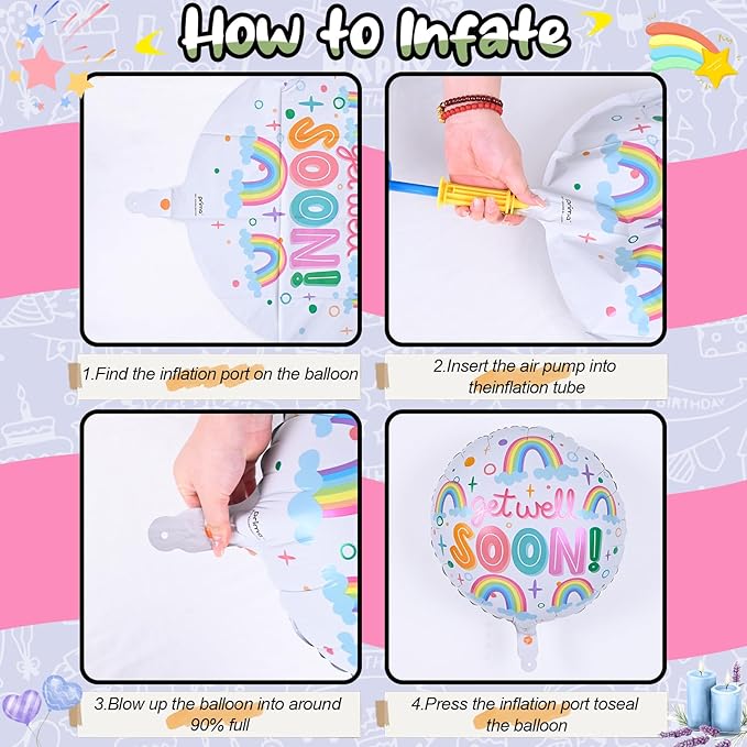 18 Inch Get Well Soon Foil Balloons Set, 4pcs Mylar Round Rainbow Balloon with GET WELL SOON Letter Print Helium Balloons for Kids Adults Hospital Recovery Cheer Up Thinking of You Party Decorations