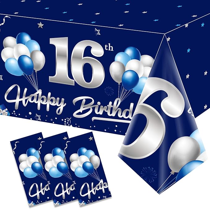3 Pack Blue Silver 16th Birthday Tablecloth Decoration for Boy, Navy Blue Happy 16 Table Cover Party Supplies, Sixteen Years Old Birthday Disposable Rectangular Table Cloth for Indoor Outdoor