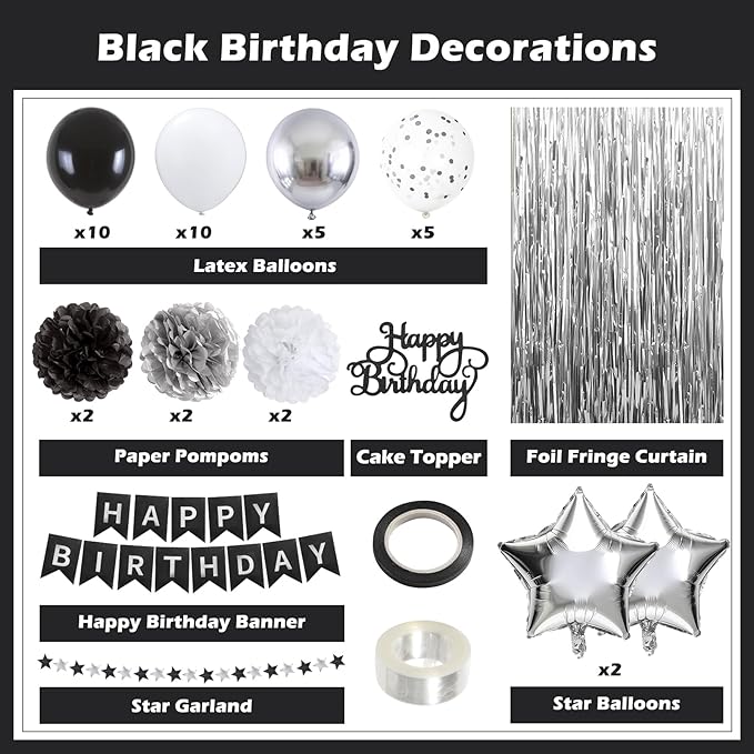 Black and Silver Birthday Decorations for Men, Happy Birthday Party Decorations, Happy Birthday Banner, Balloons, Foil Fringe Curtains, Tissue Paper Pompoms, Star Garland, Party Decor