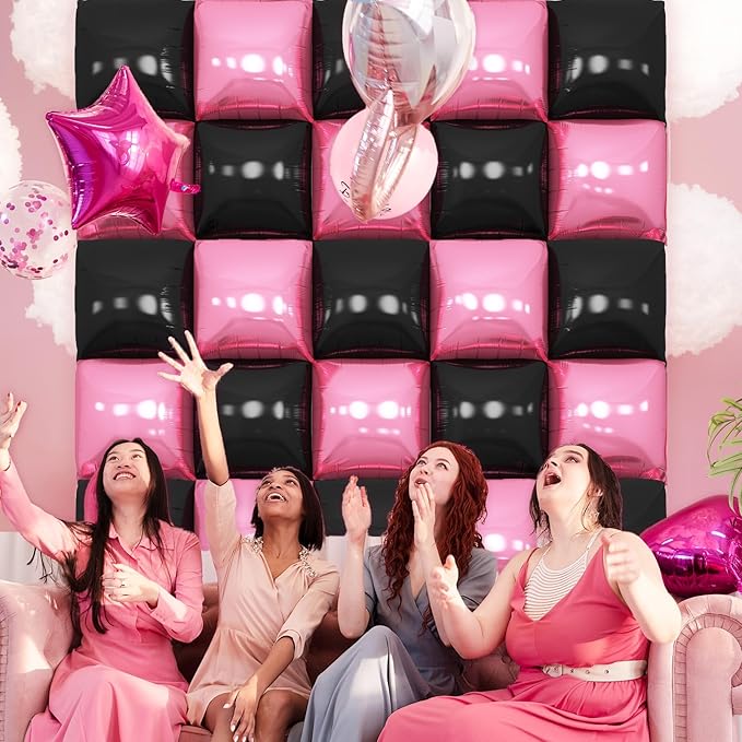 Pink Black Square Foil Balloon Wall,25Pcs Double Sided Foil Balloons Backdrop Helium Polyester Tunnel Arch Garland Kit for Birthday Bridal Anniversary Baby Shower Party Decorations