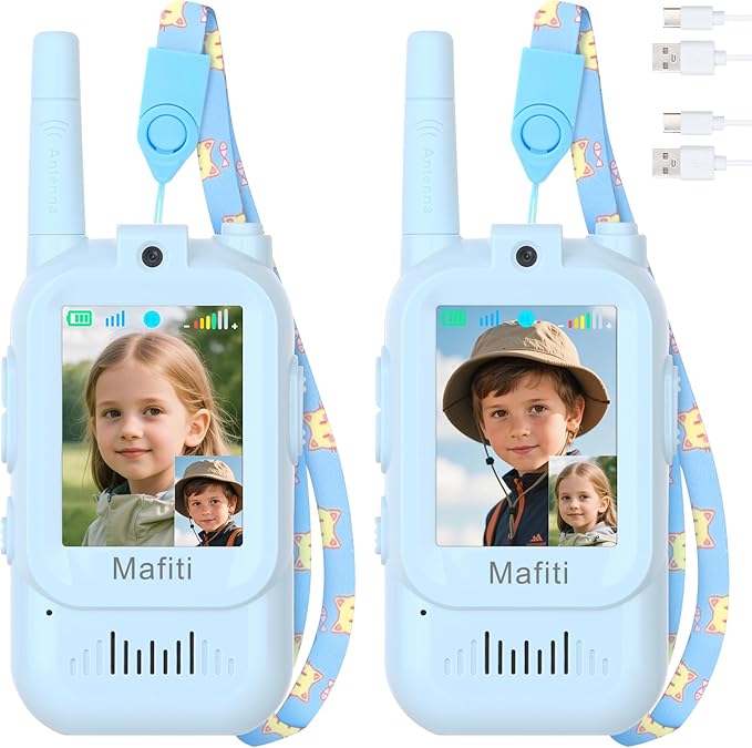 Mafiti Video Walkie Talkies for Kids 2 Pack Rechargeable Birthday Gift Toddler Toys for 3 4 5 6 7 8 Year Old Boys Girls 1000 Feets Long Range Indoor Outdoor Play(Blue+Blue)