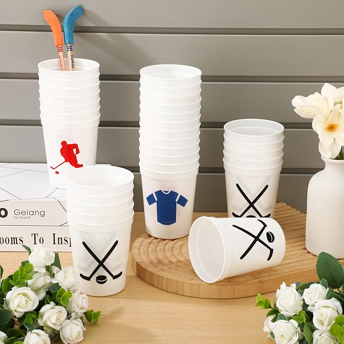 Zhehao 30 Pcs Sport Ball Plastic Cups Hockey Football Basketball Plastic Reusable Drink Cups Bulk 16 oz Stadium Tumbler Stackable Sports Tumbler for Sport Party Supplies(Hockey,White)
