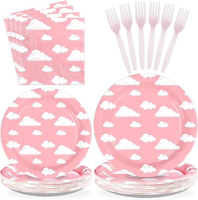 96 Pcs Pink Sky White Clouds Party Supplies Cartoon Story Plates and Napkins Disposable Clouds Theme Tableware Set for Girls Birthday Baby Shower Party Decorations Serves 24