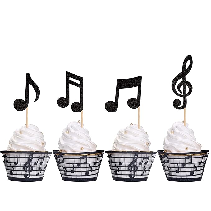32PCS Music Notes Cupcake Toppers and Wrappers Glitter Musical Symbols Cupcake Picks for Rock Music Theme Baby Shower Kids Birthday Party Cake Decorations Supplies