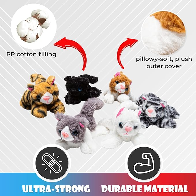 PASSIONFRUIT Plush Stuffed Toy Cat Set – Set of 6 Stuffed Toys for Kids – 6 Inches Long – Bright & Vibrant Colors – Soft Toy Set for Boys & Girls