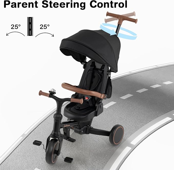 INFANS 9-in-1 Foldable Toddlers Tricycle, Converts Stroller to Balance Bike with Adjustable Push Handle, Canopy & Backrest, Pedal Conversion, Retractable Rear Wheels for 1-6 Years (Black)