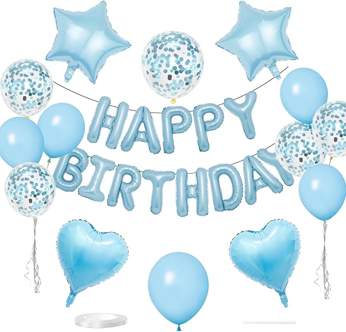 27 Pcs Light Blue Birthday Decorations, 3D Letters Light Blue Happy Birthday Balloon Banner, Pentagram Heart Foil Balloons Confetti Balloons Kit For Boys Girls Birthday Party Supplies