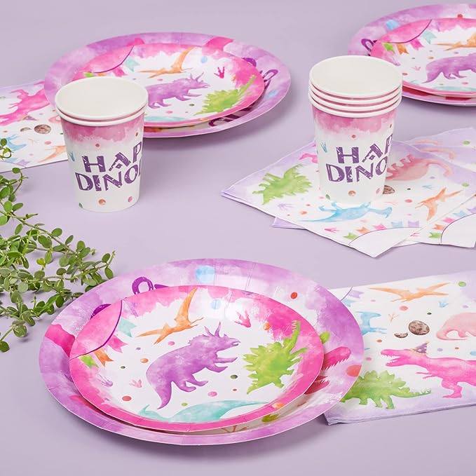 WERNNSAI Pink Dinosaur Birthday Decorations - 64 PCS Dinosaur Plates Napkins Cups Girl Dino Party Decorations Dino Paper Plates for Kids Girls Birthday Baby Shower Serves 16 Guests